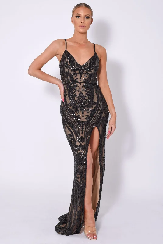 Outshine Vip Black Nude Sequin Illusion Slit Maxi Dress Comfortable Fitted Maxi Dress