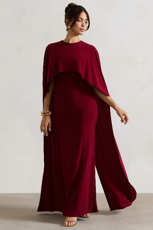 Padma | Berry Draped Maxi Dress With Cape Sleeves Classic Tulle Maxi Dress