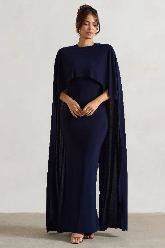 Padma | Navy Draped Maxi Dress With Cape Sleeves Chic Sleeveless Maxi Dress