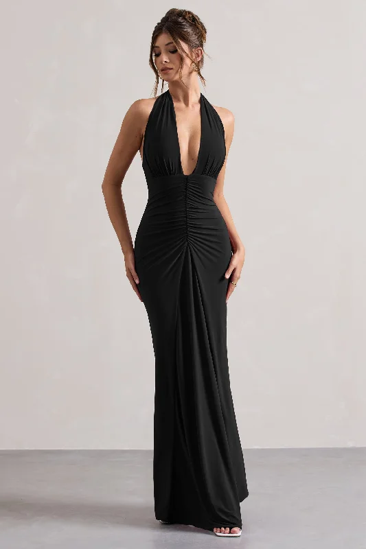 Payton | Black Ruched Halter-Neck Maxi Dress Cozy Maxi Dress with Slit