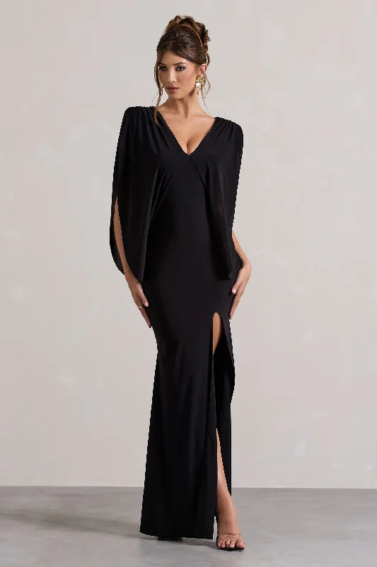 Perry | Black V-Neck Cape Sleeve Split Maxi Dress Cozy Spaghetti Strap Maxi Dress