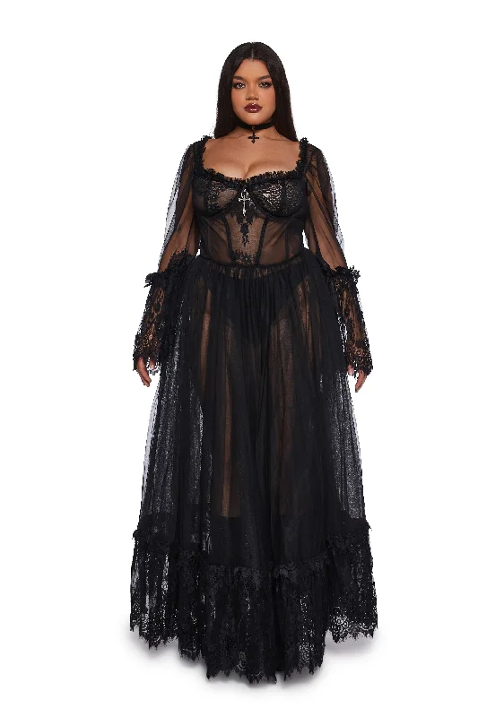 Plus Dance With Death Maxi Dress - Black Elegant Maxi Dress with Lace