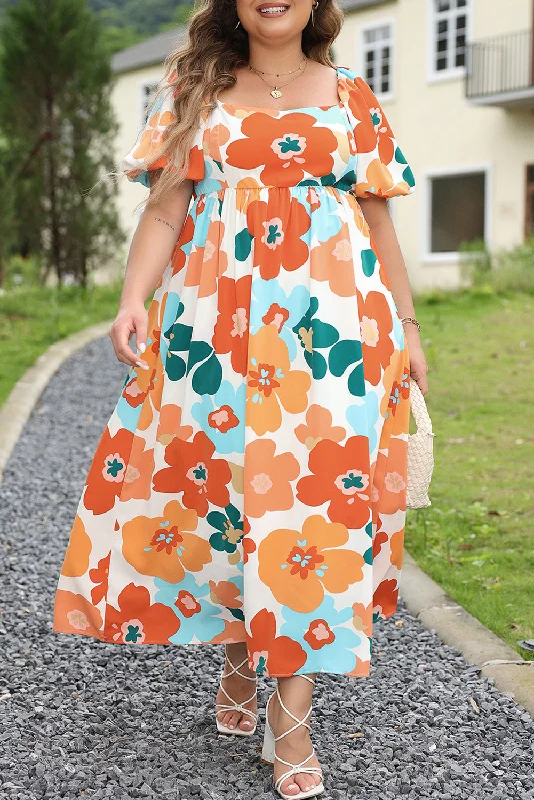 Plus Size Flower Shirred Maxi Dress Casual Maxi Dress with Pockets