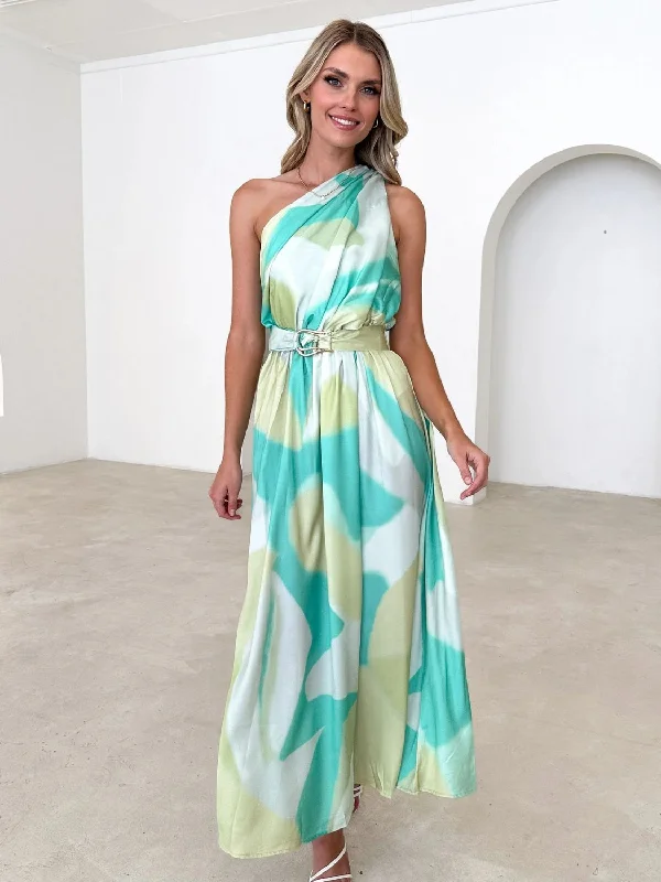 Printed Ruched One Shoulder Maxi Dress Fashionable Layered Maxi Dress