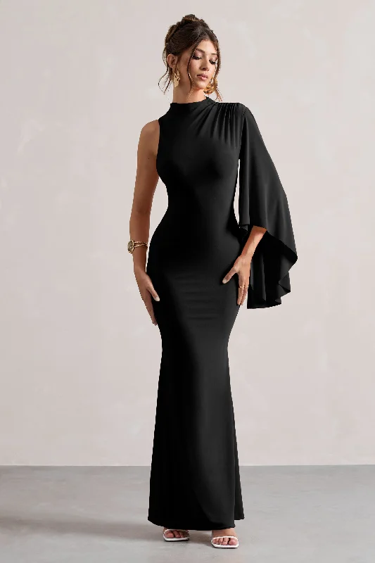 Samaya | Black High-Neck Cape-Sleeve Maxi Dress Chic Button-Up Maxi Dress