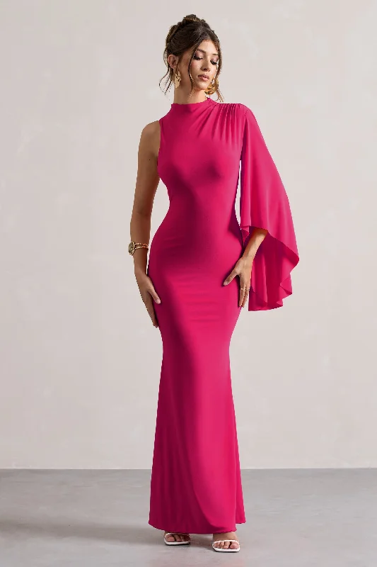 Samaya | Pink High-Neck Cape-Sleeve Maxi Dress Stylish Maxi Dress with Pleats