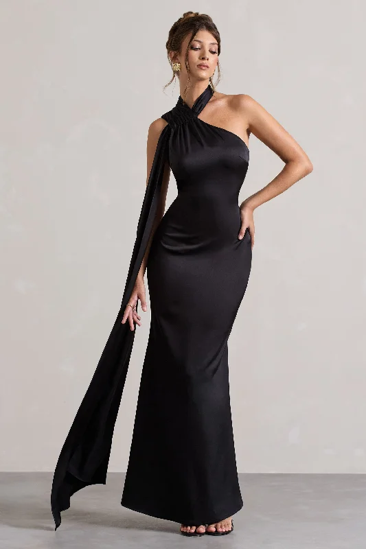 Sancia | Black Satin Asymmetric Maxi Dress With Sash Elegant Lace-Up Maxi Dress