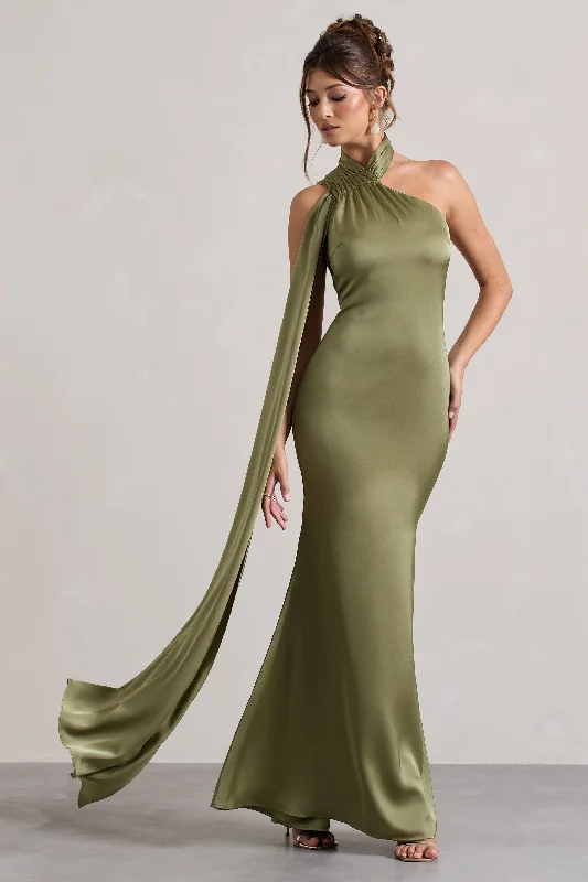 Sancia | Olive Satin Asymmetric Maxi Dress With Sash Stylish Off-Shoulder Maxi Dress