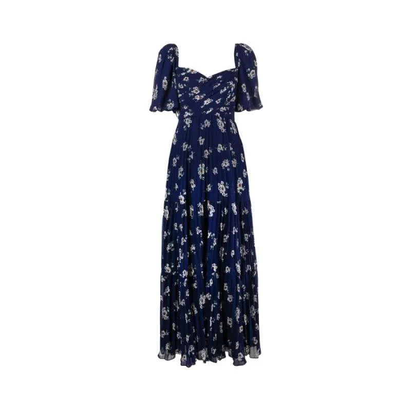 Self-Portrait Pansy Print Pleated Maxi Dress in Chiffon Stylish Longline Maxi Dress