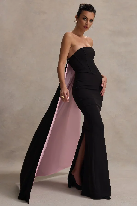 She's Trouble | Black Bandeau Maxi Dress With Pink Cape Comfortable Satin Maxi Dress