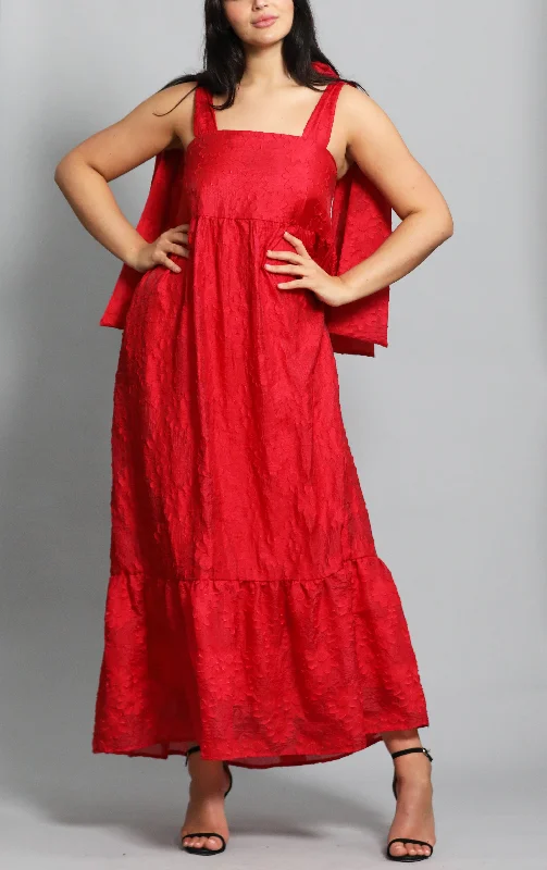 Sister Jane Tiered Maxi Dress In Red Jacquard With Bow Straps Elegant Maxi Dress with Slit