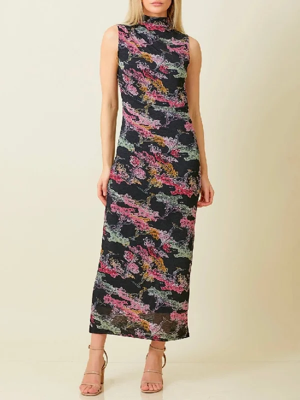 Sleeveless Maxi Dress - Black/Multi Trendy Maxi Dress with Lace