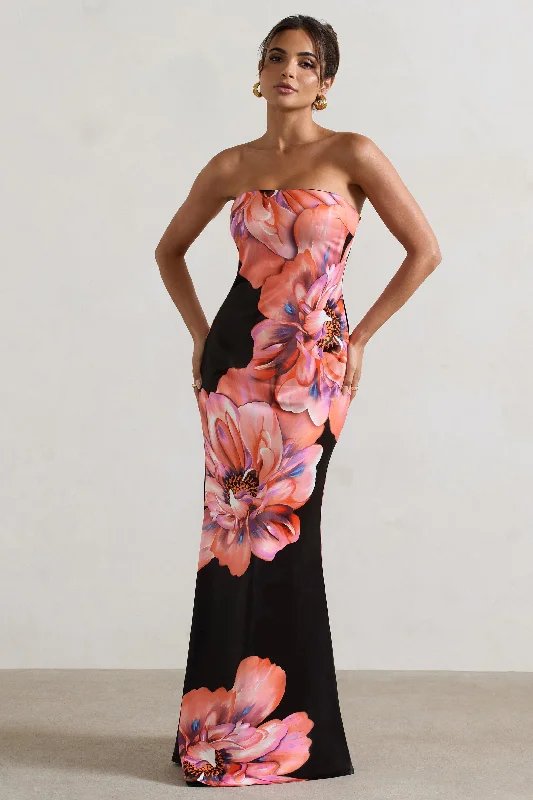 Sofiane | Black & Pink Floral Print Bandeau Maxi Dress Elegant Maxi Dress with Belt