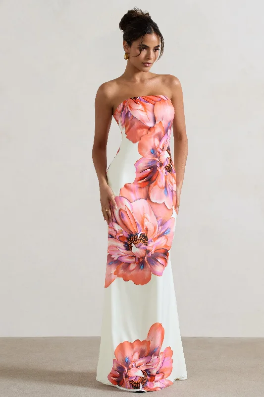 Sofiane | Cream & Pink Floral Print Bandeau Maxi Dress Classic A-Line Maxi Dress