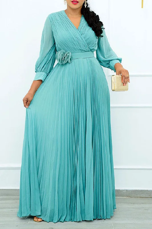 Solid Color Pretty Pleated Swing Maxi Dress With Belt Stylish Pleated A-Line Maxi Dress