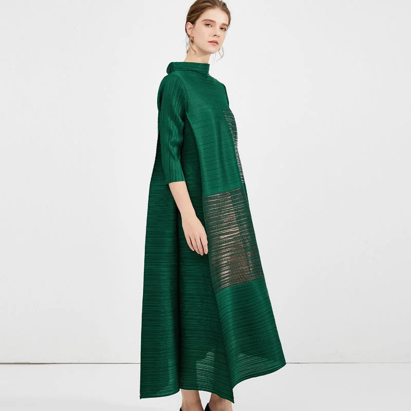 Miyake Pleated Turtleneck Maxi Dress Stylish Long Sleeve Maxi Dress