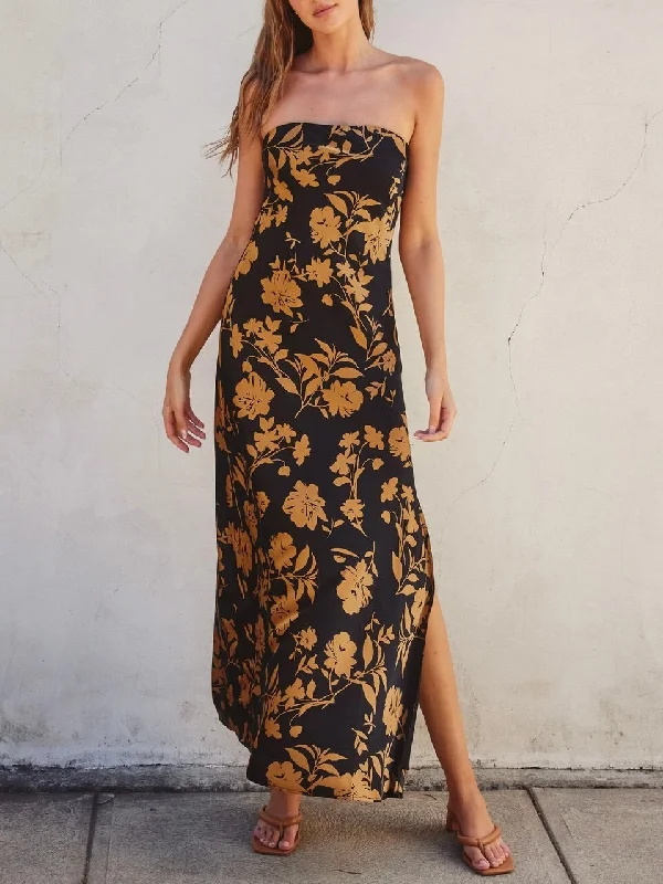 Strapless Bias Maxi Dress - Black/Gold Fashionable Open-Back Maxi Dress