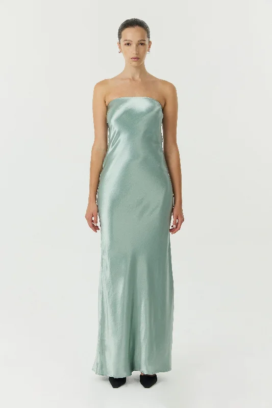 Third Form Satin Tie Back Strapless Maxi Dress - Wave Comfortable Ruffle Maxi Dress