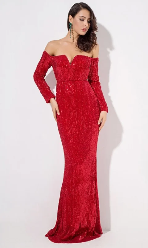 Time To Sparkle <br><span> Red Sequin Long Sleeve Off The Shoulder V Neck Mermaid Maxi Dress</span> Comfortable Maxi Dress with Belt