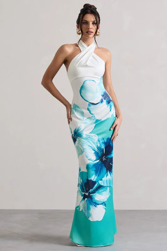 Tropicana | Blue Floral Satin Cross Over Halterneck Maxi Dress Elegant Pleated Maxi Dress