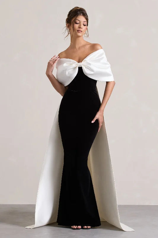 Wanting More | Black & White Satin Cape Maxi Dress With Oversized Bow Stylish Empire Waist Maxi Dress