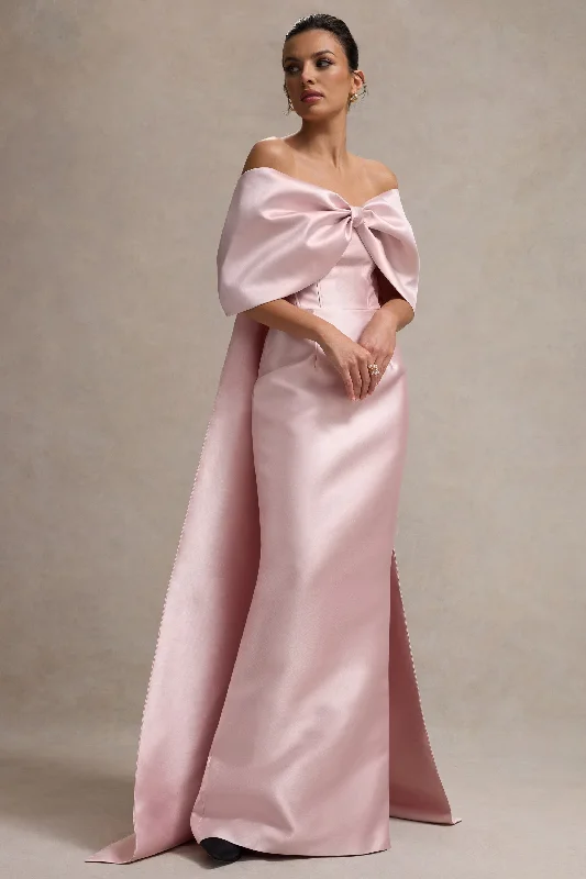 Wanting More | Pink Satin Cape Maxi Dress With Oversized Bow Fashionable Faux Wrap Maxi Dress