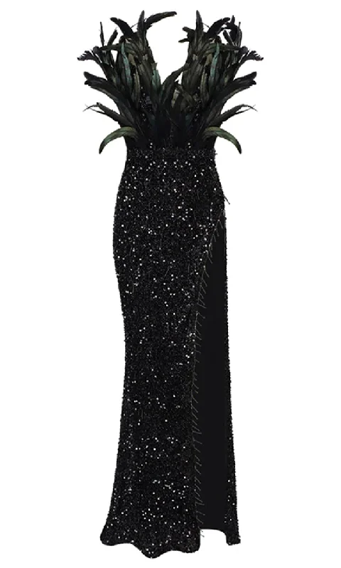 Wicked Ways <br><span>Black Sequin Feather Sleeveless V Neck Side Slit Bodycon Maxi Dress</span> Comfortable Pleated Maxi Dress