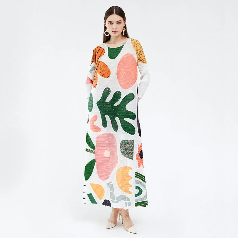 Miyake Pleated Floral Short Sleeve Maxi Dress Trendy Maxi Dress with Straps