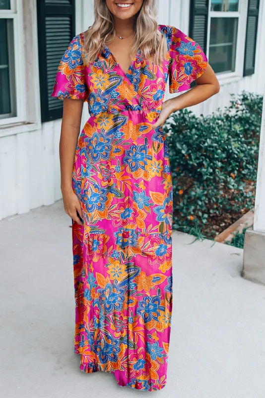 KaleaBoutique Wrap V Neck Floral Maxi Dress Elegant Boho Maxi Dress