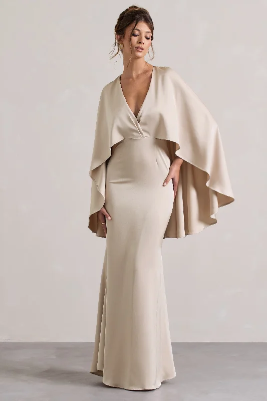 Yasie | Champagne Satin Plunge-Neck Maxi Dress With Cape Sleeves Cozy Cold-Shoulder Maxi Dress