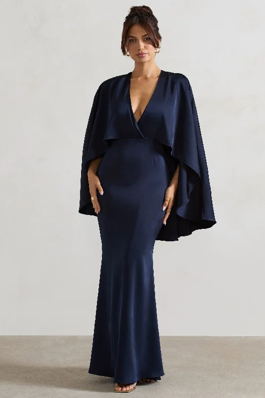 Yasie | Navy Satin Plunge-Neck Maxi Dress With Cape Sleeves Fashionable Halter Neck Maxi Dress