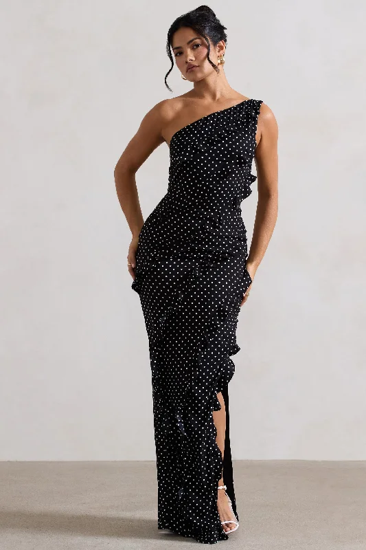 Zafra | Black Polka Dot Asymmetric Ruffle Maxi Dress Cozy Maxi Dress with Slit