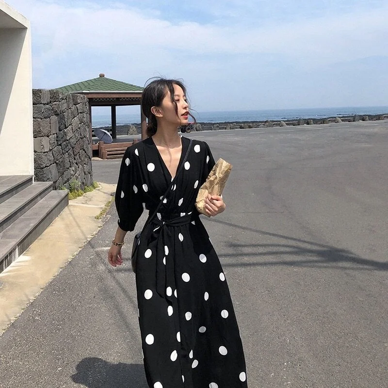 2022 Boho Summer Maxi Dress Clothes Vintage Slim French Retro Hepburn Wind Black Polka Dot Long Robe Korean Style Classic Solid Maxi Dress 2022 Boho Summer Maxi Dress Clothes Vintage Slim French Retro Hepburn Wind Black Polka Dot Long Robe Korean Style Classic Solid Maxi Dress