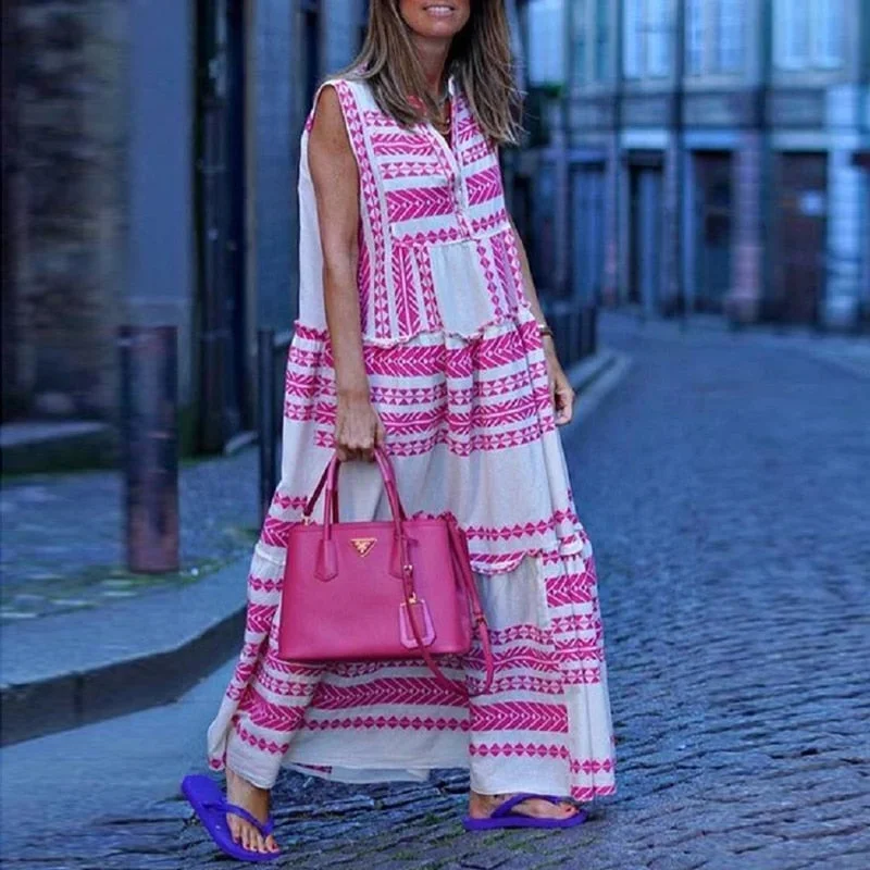 2022Elegant Casual Summer Women Printed Long Dresses Sleeveless V Neck Boho Maxi Dress Female Bohemion Women Dress Holiday Stylish Maxi Dress with Frills 2022Elegant Casual Summer Women Printed Long Dresses Sleeveless V Neck Boho Maxi Dress Female Bohemion Women Dress Holiday Stylish Maxi Dress with Frills