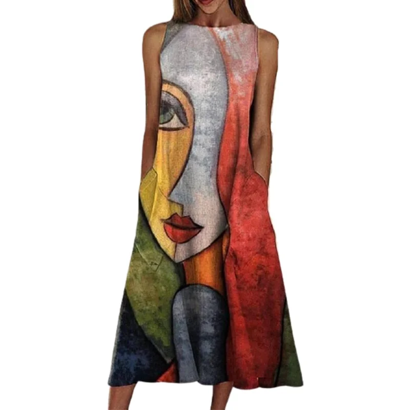 Abstract Print Sleeveless Dress Women Summer Casual Vintage Elegant Tank Loose Robe Beach Round Neck Maxi Dresses Vestidos S-5XL Trendy Printed Maxi Dress Abstract Print Sleeveless Dress Women Summer Casual Vintage Elegant Tank Loose Robe Beach Round Neck Maxi Dresses Vestidos S-5XL Trendy Printed Maxi Dress
