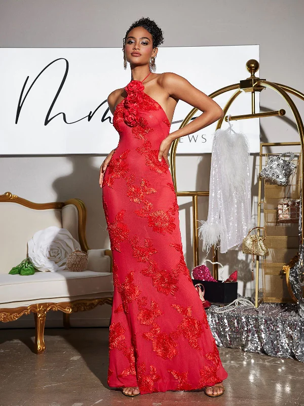 Aedin Halterneck Flower Maxi Dress In Red Elegant Lace Maxi Dress