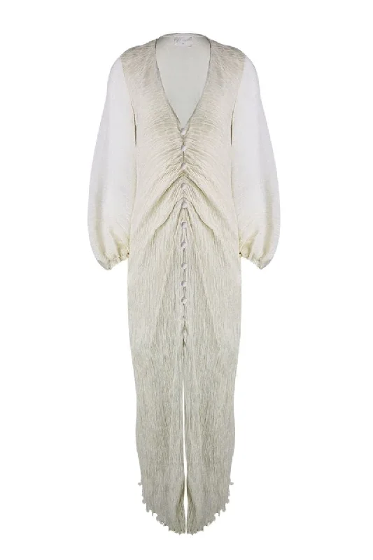 ANCLA V-NECK RUCHED MAXI DRESS Cozy Open-Back Maxi Dress