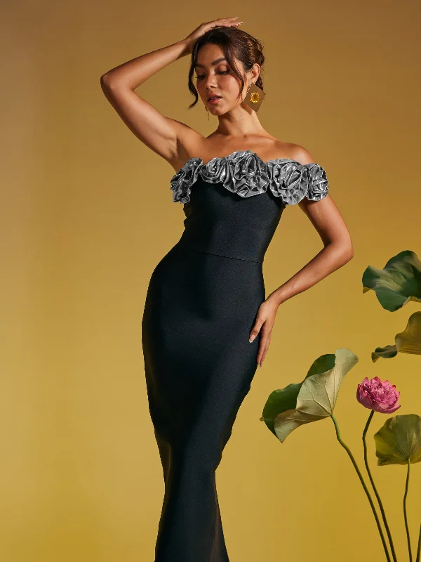 Arnau One Shoulder Flower Bandage Maxi Dress In Silver Classic Tulle Maxi Dress