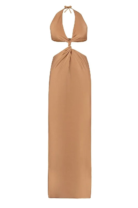 AUDREY COGNAC CUT-OUT MAXI DRESS Trendy Maxi Dress with Lace