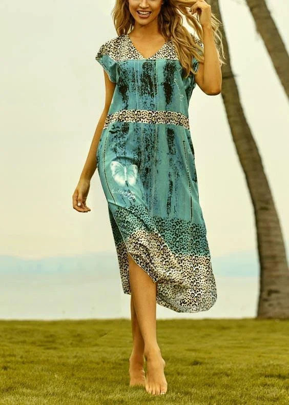 Beautiful Green Leopard V Neck side open kimono robe Maxi Dresses Classic A-Line Maxi Dress
