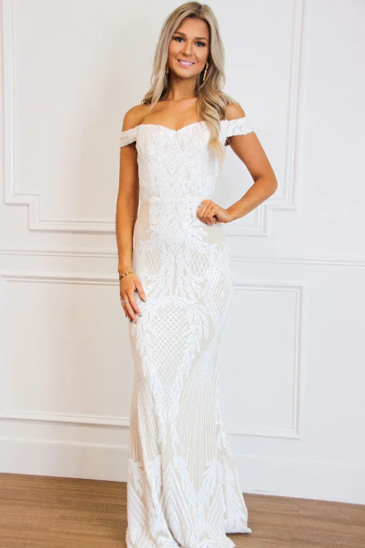 Better Together Sequin Maxi Dress: White/Nude Comfortable Maxi Dress with Belt