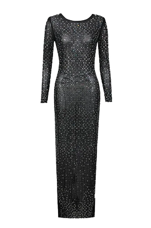 BLACK CRYSTALS MESH MAXI DRESS Comfortable Cotton Maxi Dress