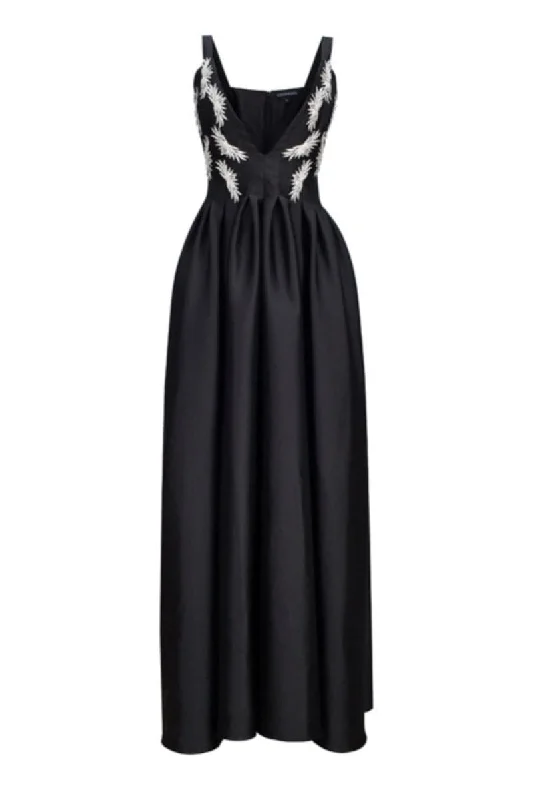 BLACK HAND EMBROIDERED CRYSTAL TAFFETA MAXI DRESS Stylish Pleated A-Line Maxi Dress