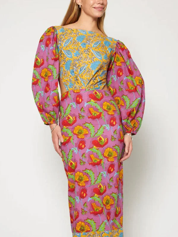 Blue Zone Planet | Floral contrast lantern sleeve backless maxi dress Trendy V-Neck Maxi Dress Blue Zone Planet | Floral contrast lantern sleeve backless maxi dress Trendy V-Neck Maxi Dress