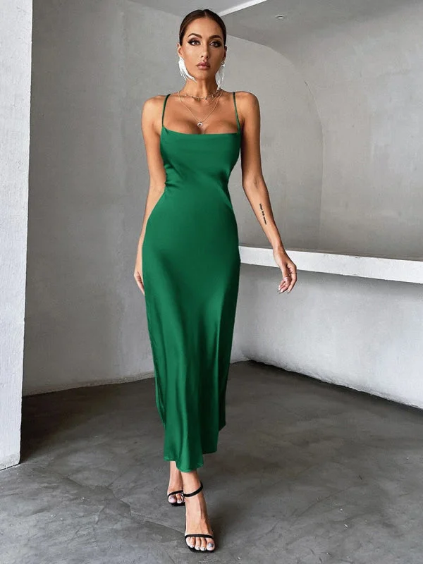 Blue Zone Planet | Green satin party spaghetti trap maxi dress Trendy Maxi Dress with Lace Blue Zone Planet | Green satin party spaghetti trap maxi dress Trendy Maxi Dress with Lace