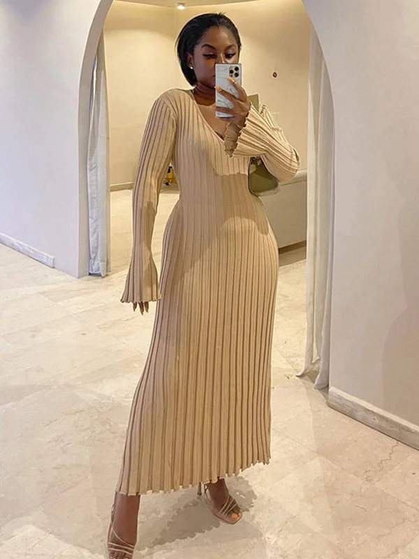 Blue Zone Planet | Long bell sleeve slim fit knitted maxi dress Elegant Maxi Dress with Ruffles Blue Zone Planet | Long bell sleeve slim fit knitted maxi dress Elegant Maxi Dress with Ruffles
