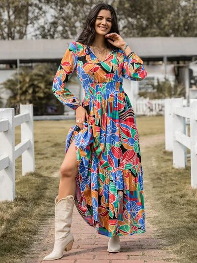 Blue Zone Planet |  Printed Smocked Tie Neck Balloon Sleeve Maxi Dress Stylish Button-Up Maxi Dress