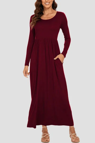 Blue Zone Planet | Round Neck Long Sleeve Pocketed Maxi Dress Fashionable Open-Back Maxi Dress Blue Zone Planet | Round Neck Long Sleeve Pocketed Maxi Dress Fashionable Open-Back Maxi Dress