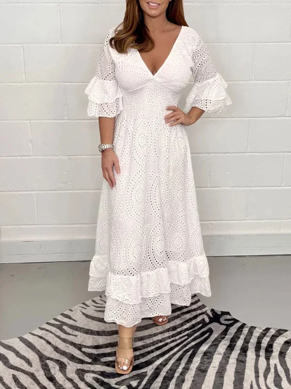 Blue Zone Planet |  V-neck bell sleeves large swing cotton maxi dress Comfortable Casual Maxi Dress