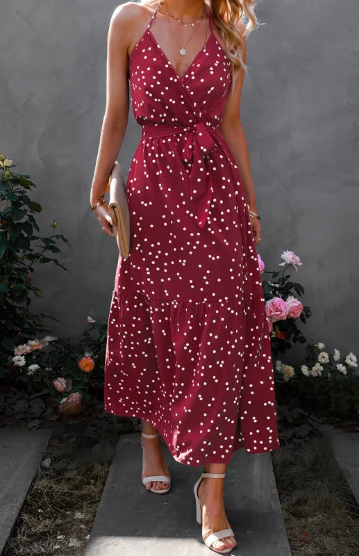 Blue Zone Planet |  V Neck Sling Polka Dot Maxi Dress Trendy Printed Maxi Dress